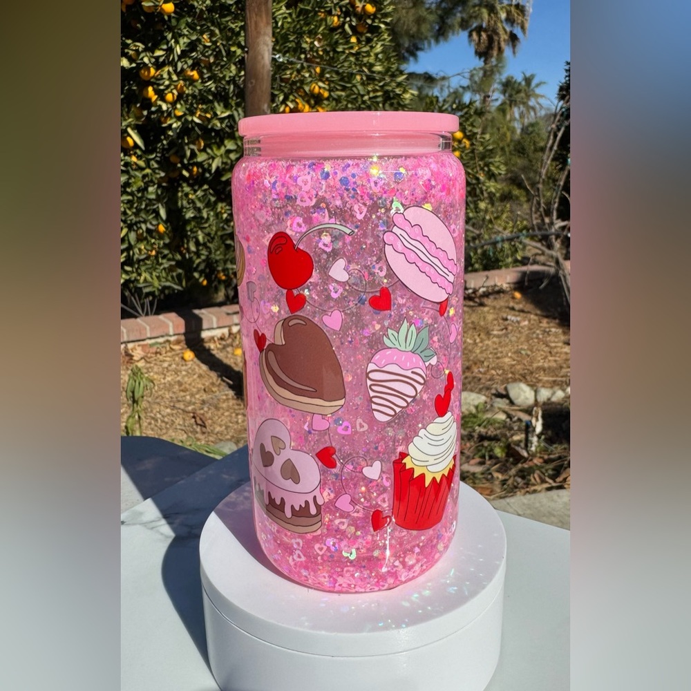 Hearts Donuts cookies cupcake treats snow globe glass tumbler 16oz